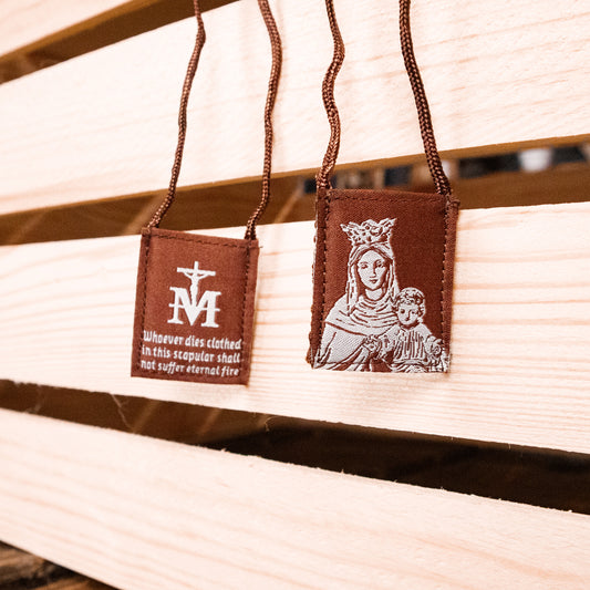 Premium Brown Scapular, Brown & Cream, Our Lady of Mt. Carmel with Promise